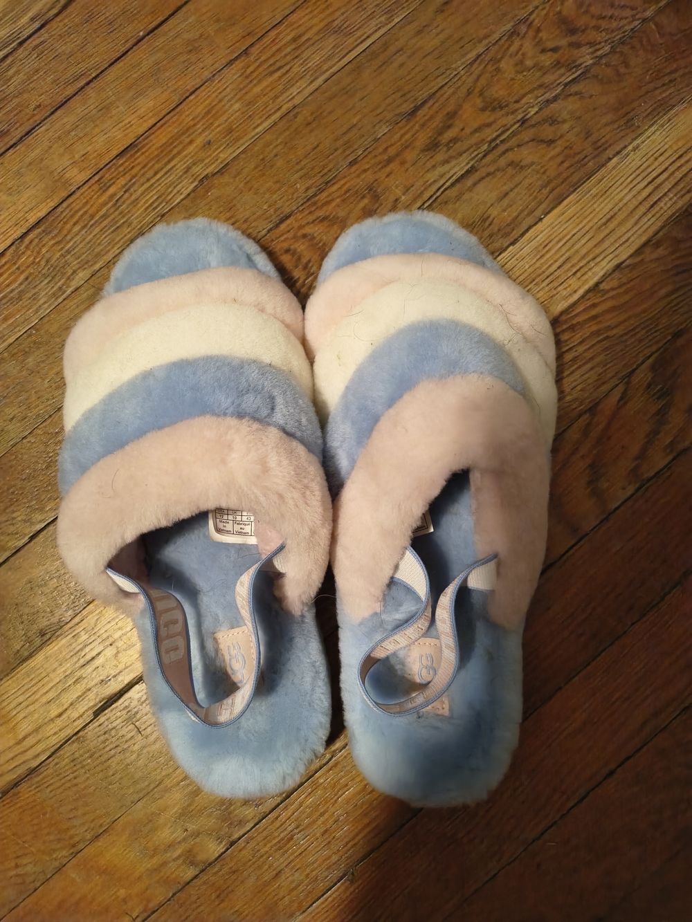 UGG Women’s Pastel Blue & Pink Fuzzy Slide Sandals